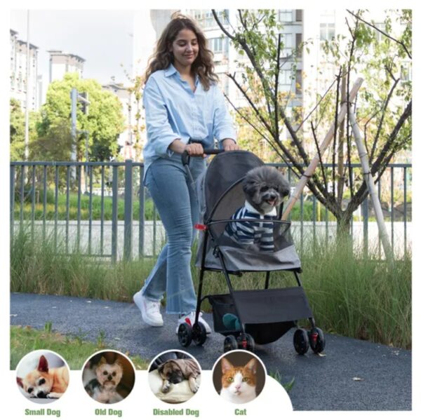 Foldable Pet Stroller, Small Dog Cat Stroller With Storage Basket For Small Puppies, Gray And Black - Image 8