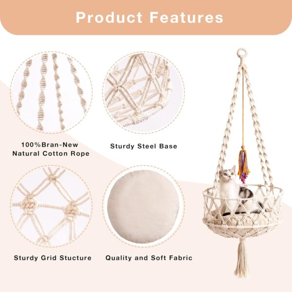 MEWOOFUN Boho Macrame Cat Swing - Handwoven Hanging Bed With Soft Mat & Toy For Indoor Cats, Decorative Hammock For Sleeping & Play Beige - Image 6