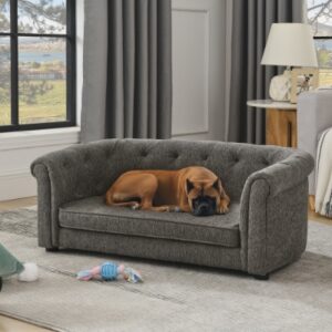 Pet Sofa With Arc-shaped Backrest And Armrests, Contemporary Rectangular Pet Sofa Crafted From Breathable Linen Cozy Soft Cushion Dog Sofa