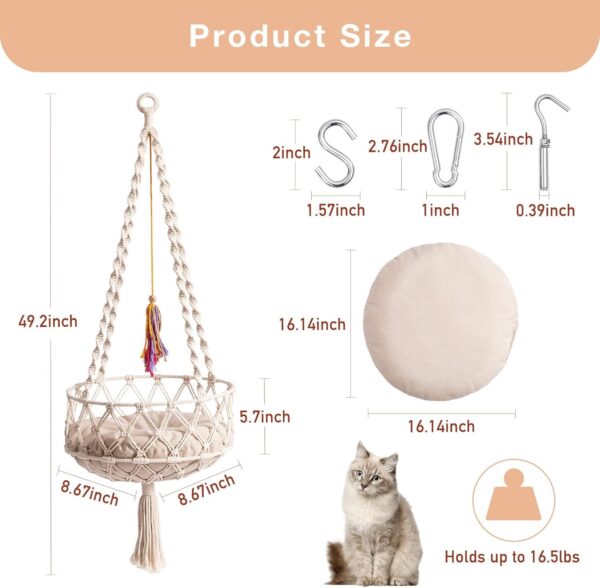 MEWOOFUN Boho Macrame Cat Swing - Handwoven Hanging Bed With Soft Mat & Toy For Indoor Cats, Decorative Hammock For Sleeping & Play Beige - Image 3