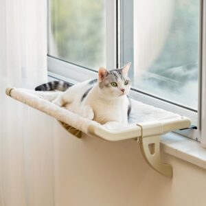 MEWOOFUN Cat Window Perch With One-Step Sliding Clamp - Adjustable Window Sill Hammock With Removable Cover For Indoor Cats - Medium Beige Cat Bed Fits Windowsill & Bedside
