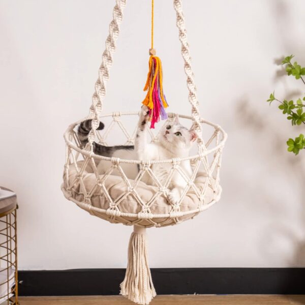 MEWOOFUN Boho Macrame Cat Swing - Handwoven Hanging Bed With Soft Mat & Toy For Indoor Cats, Decorative Hammock For Sleeping & Play Beige - Image 5