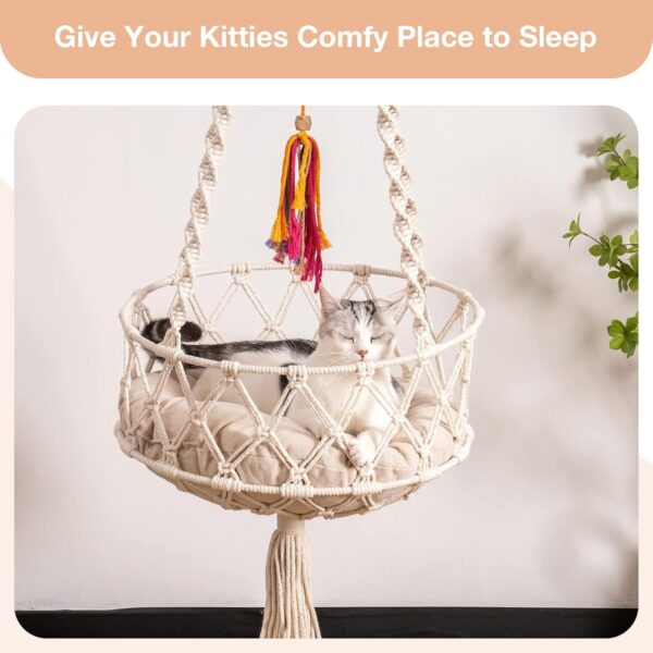 MEWOOFUN Boho Macrame Cat Swing - Handwoven Hanging Bed With Soft Mat & Toy For Indoor Cats, Decorative Hammock For Sleeping & Play Beige - Image 4