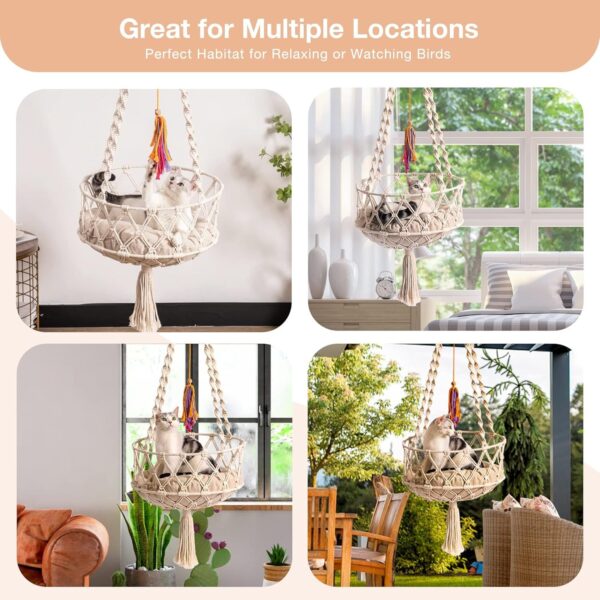 MEWOOFUN Boho Macrame Cat Swing - Handwoven Hanging Bed With Soft Mat & Toy For Indoor Cats, Decorative Hammock For Sleeping & Play Beige - Image 7