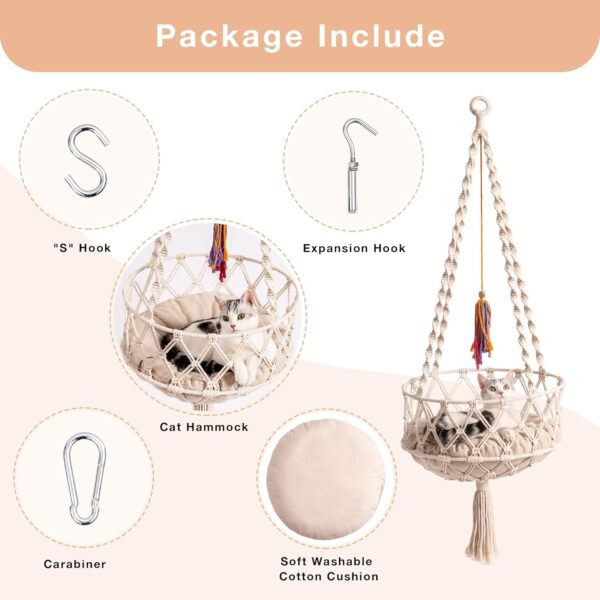 MEWOOFUN Boho Macrame Cat Swing - Handwoven Hanging Bed With Soft Mat & Toy For Indoor Cats, Decorative Hammock For Sleeping & Play Beige - Image 2